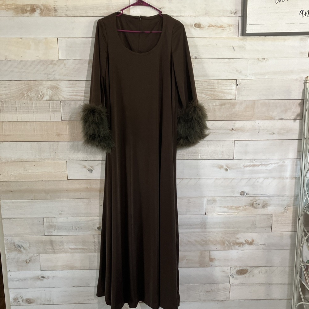 Vintage Lilli Diamond Brown Dress Gown, With Feather Sleeves 60's 70's Size 12